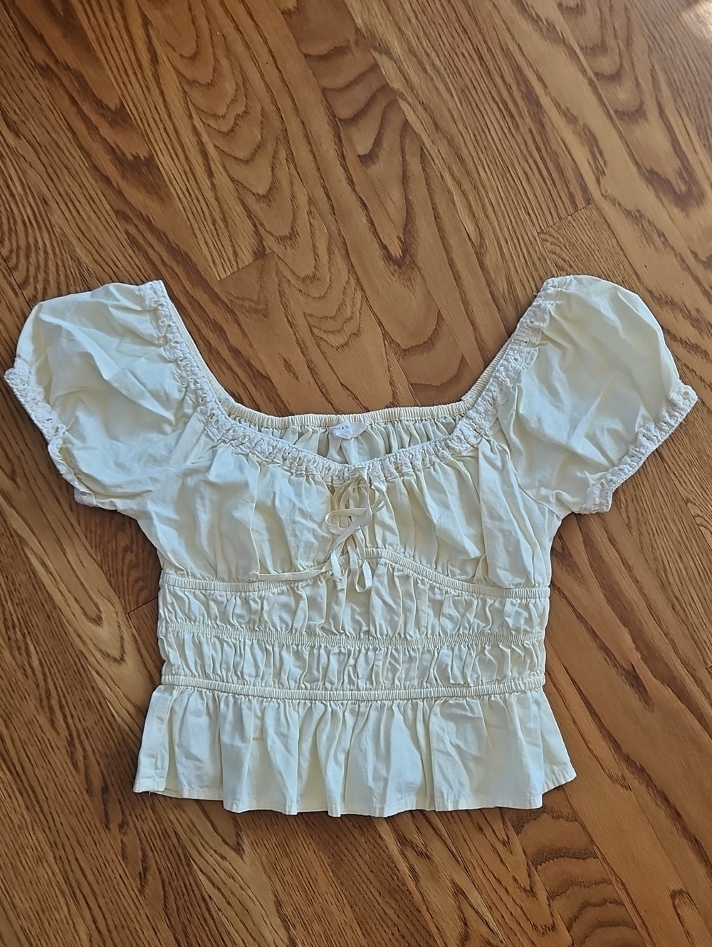Cream Smocked Peplum Puff Sleeve Top
